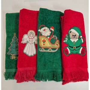 Vintage‎ Cannon Christmas Fringe Towel Set Embroidered Angel Tree Bear Red Green